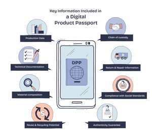 Illustration of the information included in a digital product passport: chain of custody, return & repair information, compliance with social standards, authenticity guarantee, reuse & recycling potential, material composition, technical documentation, production data