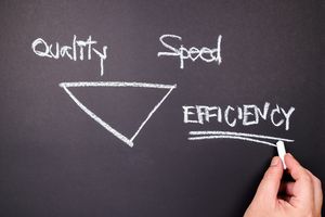 Hand draws an upside-down triangle: quality, speed and efficiency concept