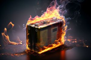 Lithium-ion battery which has caught fire and exploded due to overheating 