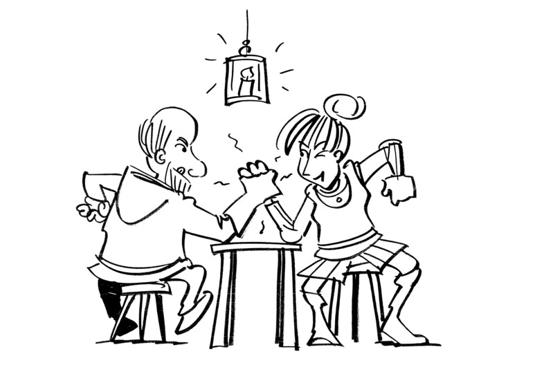 Drawing of a man and a woman arm wrestling