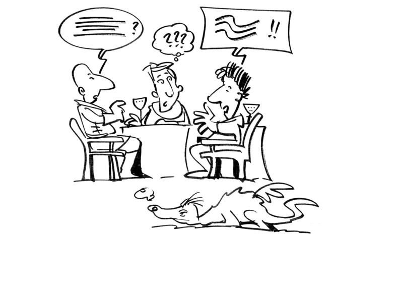 Drawing of three people at a table. Speech bubbles with different lines suggest that two people are speaking different languages. The speech bubble on the third people only shows question marks. 