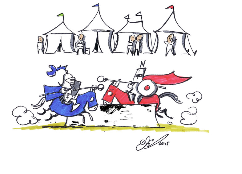 Drawing of two knights in armour on horseback, charging at each other in a jousting tournament