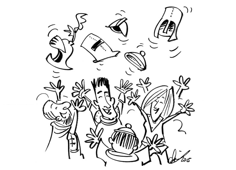 Drawing of four people cheering and throwing their hats and helmets in the air