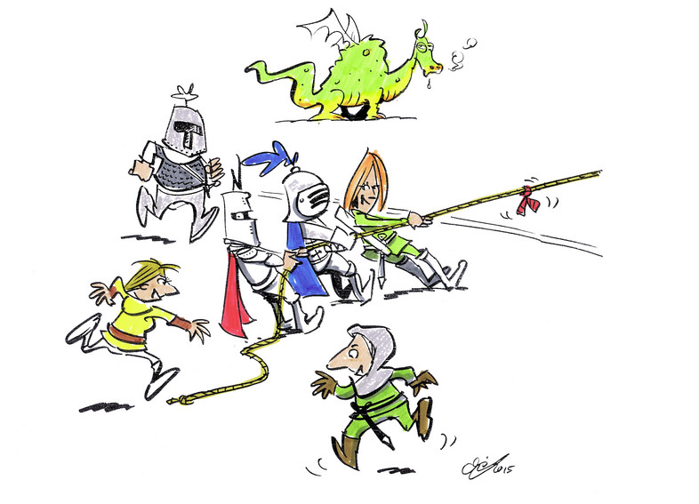 Drawing of three people in a tug of war; three more people are approaching to help them