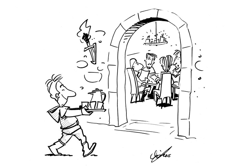 Drawing of a waiter entering a room where several people are sitting around a table