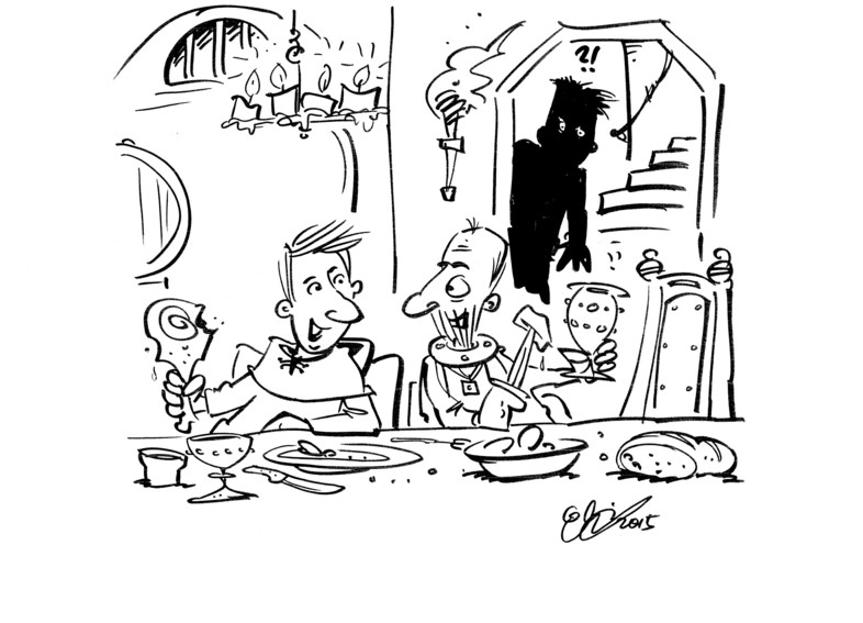 Drawing of two men talking to each other over a plentiful meal