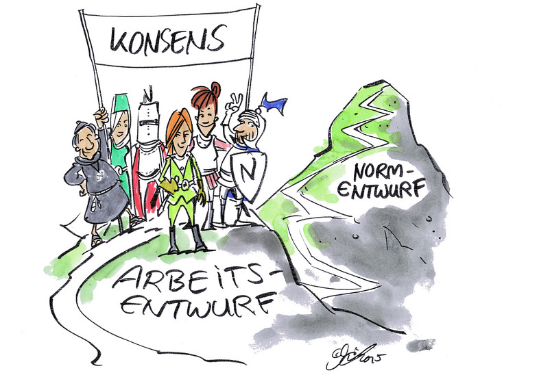 Drawing of a group of people carrying a banner "consensus" while standing on a hill labelled "working draft"; in the background, a winding road leads to the next hill labelled "draft standard"