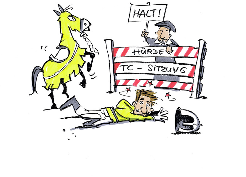 Drawing: A horseman has fallen off his horse as it refused to jump over an obstacle labelled "TC meeting"