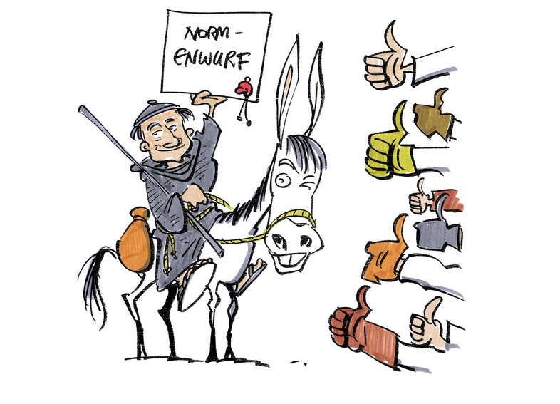 Drawing of a horseman holding a document entitled "draft standard"