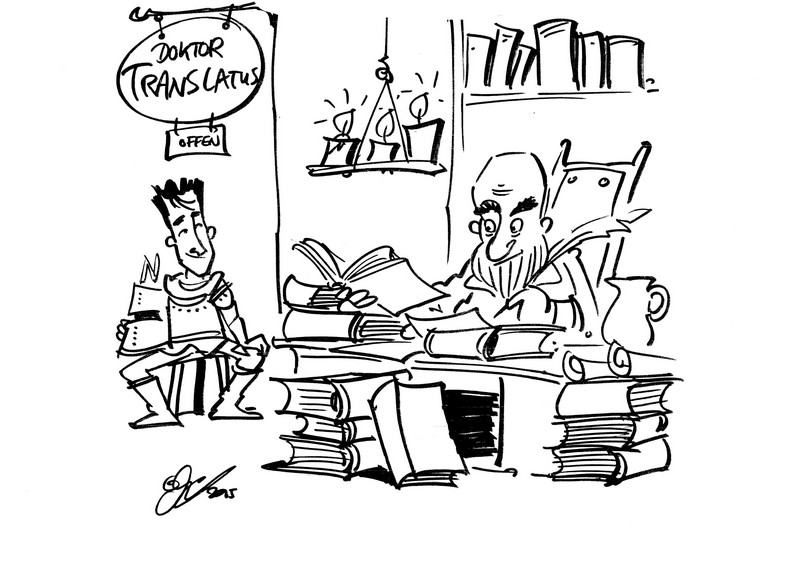 Drawing of a knight waiting in front of the office of Dr Translatus, who is working on his desk sourrounded by many books