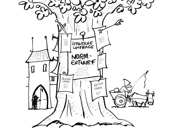 Drawing big poster on a tree saying "public enquiry draft standard", surrounded by many small notes wtih comments 