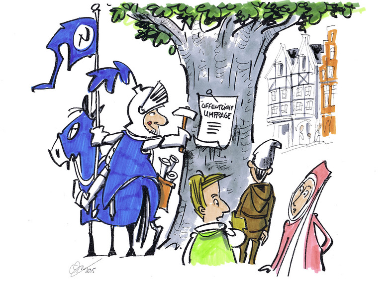 Drawing of a knight nailing a document entitled "public enquiry" onto a tree while several passers-by are looking at the notice