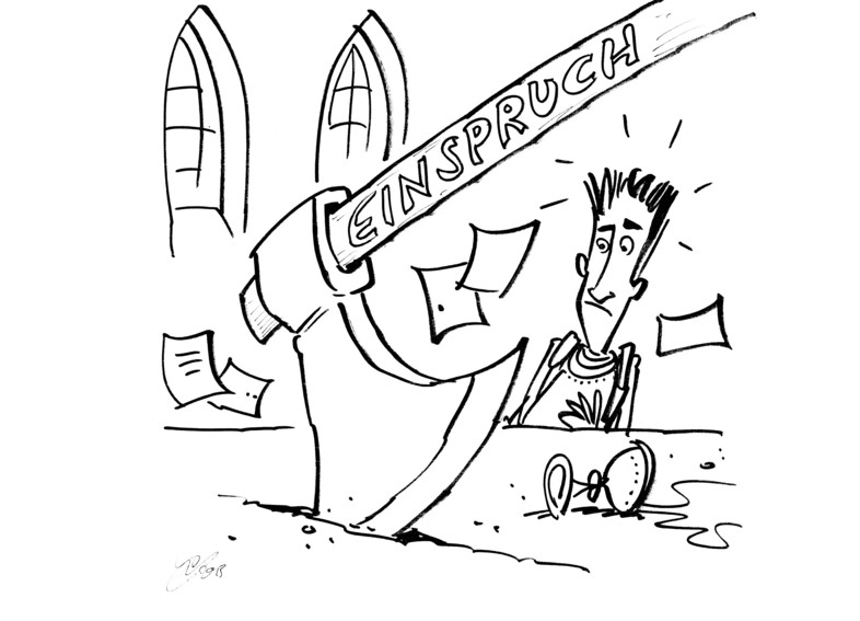 Drawing of an axe labelled "objection" that frightens a knight as it hits the table in front of him