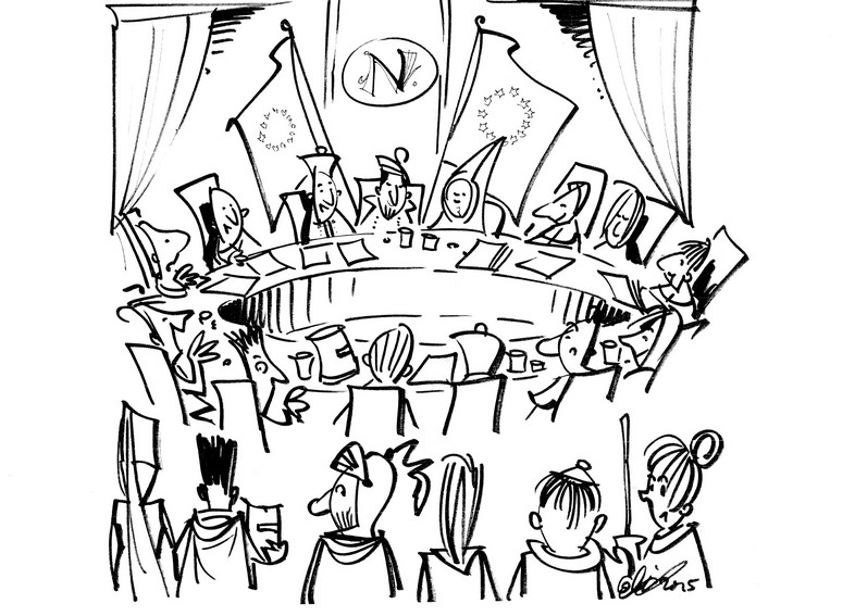 Drawing of a group of approximately 15 knights discussing at a round table with a few others observing them