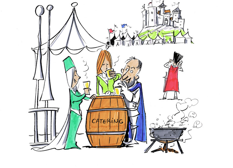 Drawing of three people in a camp having a drink at a barrel labelled "catering" that serves as a coffee table 
