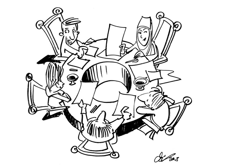 Drawing of five people discussing at a round table covered with a number of documents