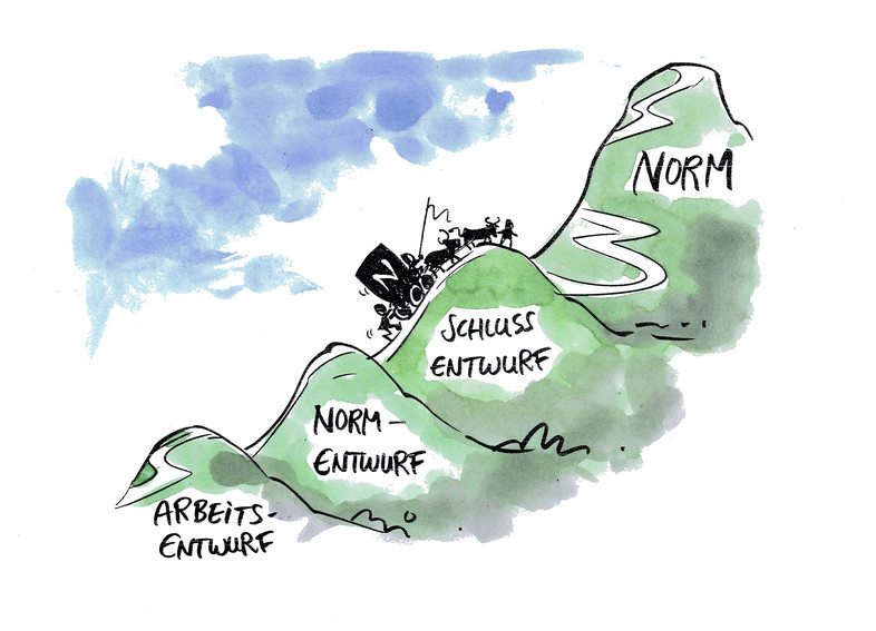 Drawing of a group of knights with carriages climbing a hill labelled "Final draft", the third hill out of four on the way to the finished standard