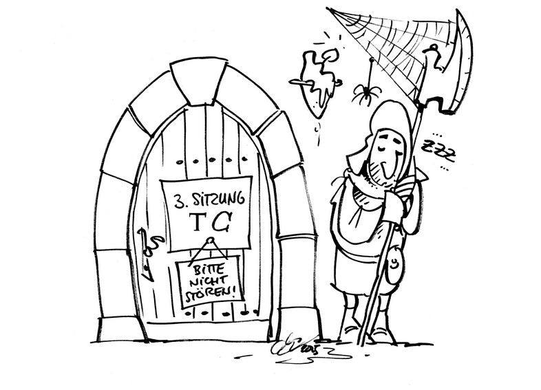 Drawing of a sleeping guard in front of a closed door labelled "3rd TC meeting, please do not disturb"