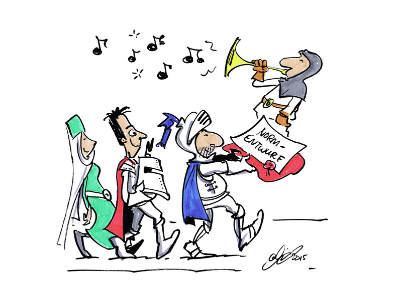 Drawing of three knights who solemnly present the draft standard, accompanied by a trumpet horn