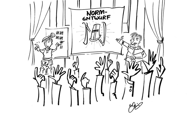 Drawing of the vote on the draft standard, with several hands raised in the air; a woman notes the votes on a flipchart