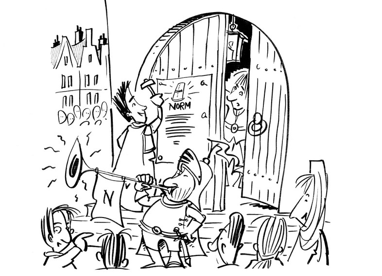 Drawing of several people watching a knight pinning the finished standard onto a wooden door, accompanied by a trumpet horn