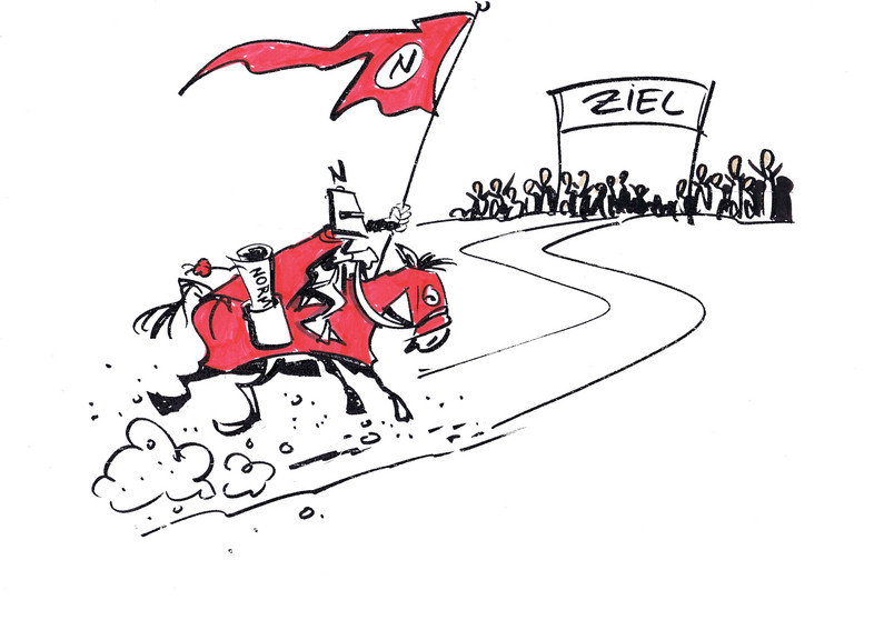 Drawing of a knight on horseback dashing towards the finish line with the finished standard in his pocket.