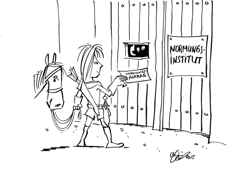 Drawing of a female knight wtih a standardization request in her hands in front of the letterbox of the standardization institute