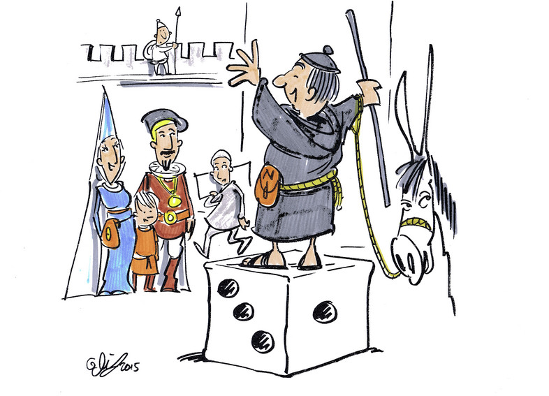 Drawing of a monk on a podium speaking to passers-by