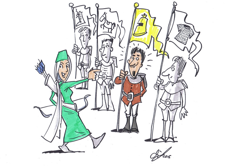 Drawing of four knights with flags presenting different objects, representing differents standards committees. One female knight is pointing at one of the committees. 