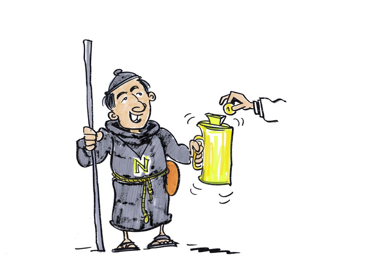 Drawing of a monk with a collection box; a hand is putting a coin into the box