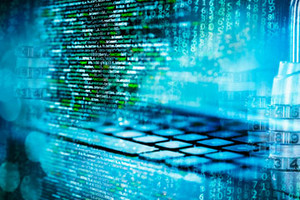 Programmiercode mit Zahlenschloss, Matrix, Computer und abstraktem technischen Hintergrund in blau