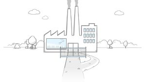 Drawing of a factory site with a small fence in front of it that can be easily bypassed.