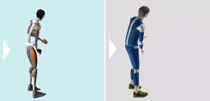 Real-case work activity is transferred to a digital skeleton model and then to a 3D model, all showing the person in the same posture