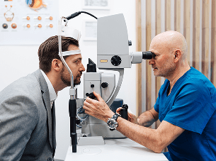 A man getting his eyes checked during a comprehensive eye exam at Whelpley and Paul Greece NY